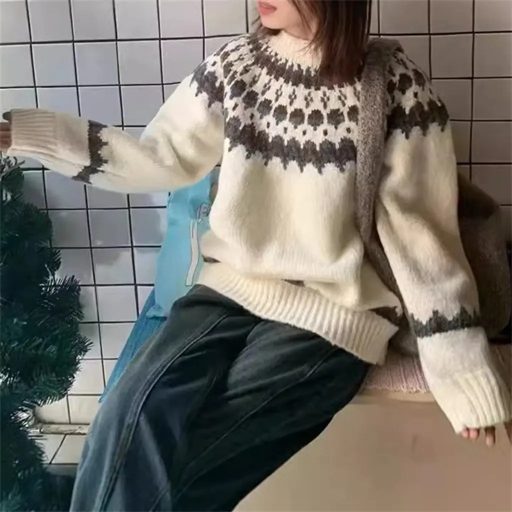 

Женский свободный трикотаж Yunshu Fair Isle, мягкий восковой повседневный стиль, осенне-зимний утолщенный контрастный кардиган из альпаки
