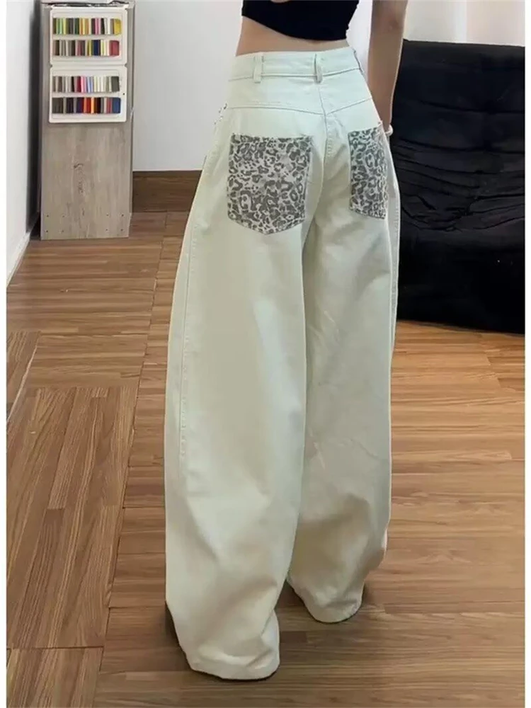 Women's Leopard Pocket Patchwork Casual Pants Hip-hop Wide Leg  Retro Streetwear Female Trousers 90s Sweatpants Women