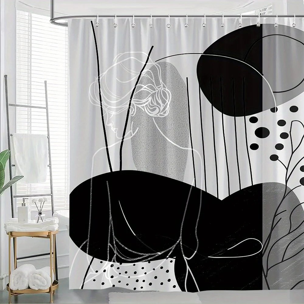 

1pc Modern Abstract Shower Curtain - Black, White, Gray Bathroom Window Divider with Woman Shapes, Overlapping Circles & Lines