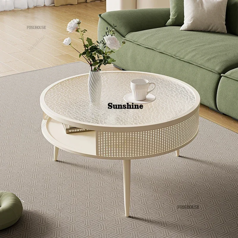 

Round Cream Style Coffee Tables Creative Sofa Living Room Side Table Small Apartment Creative Glass Round Table Home FurnitureTJ