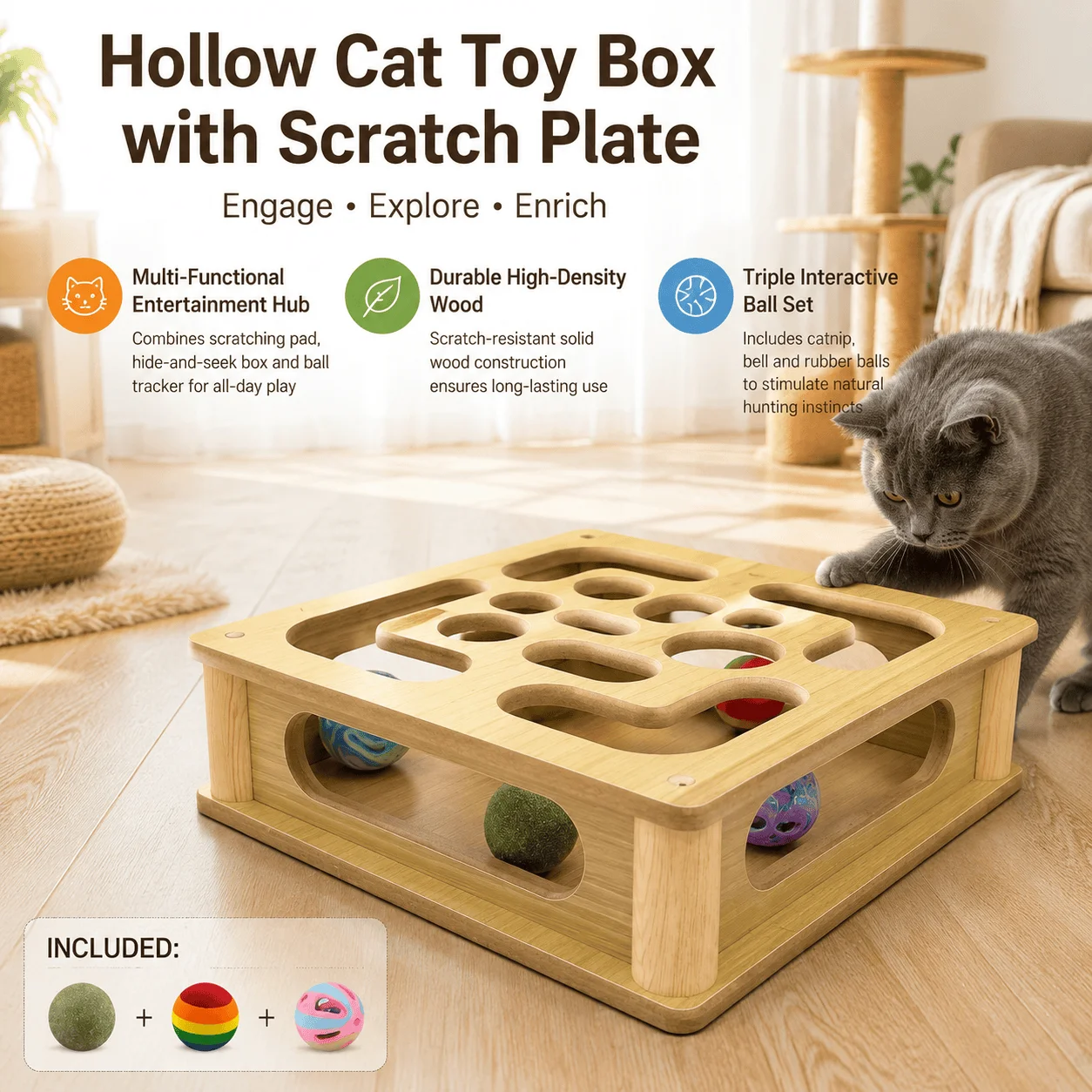 Interactive Cat Toy Box Wooden Scratcher Furniture With Catnip 3 Balls Indoor Enrichment Durable Scratch Board Safe Large Pet