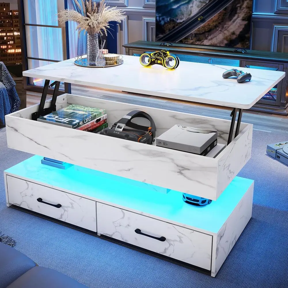 

40 LED-lit Coffee Table with Storage for Living Room, Small 2-Drawer White Marble Dining Table