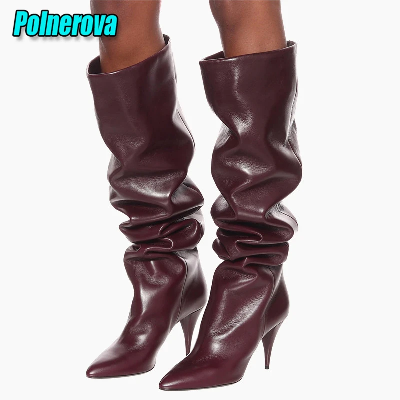 

Wine Red Pleated Over The Knee Boots for Women Sexy Pointed Toe Suede High Heel Long Boots Spring Autumn Fashion Runway Shoes