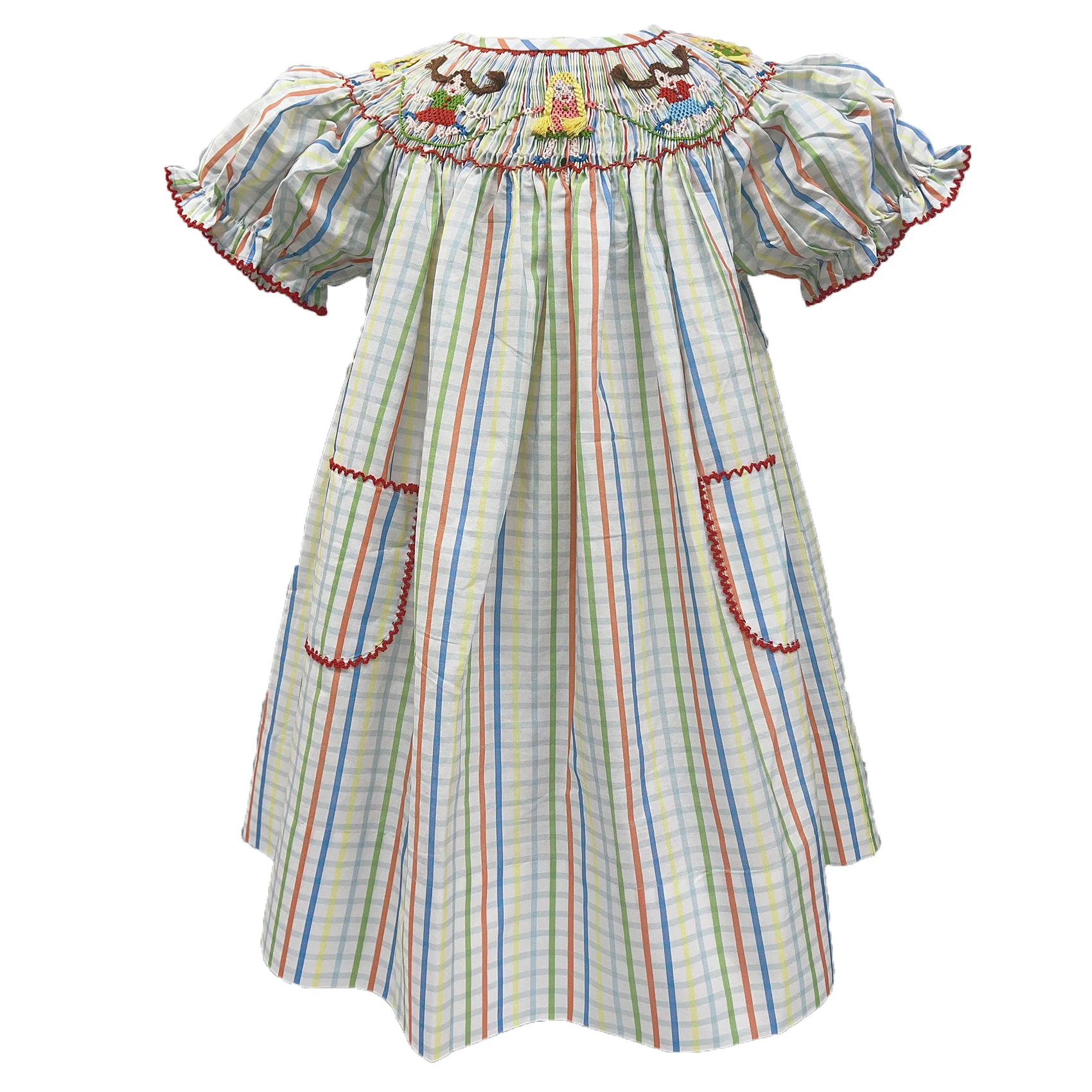 Summer Girls Handmade Smocking Skipping Girls Cotton Color Striped Dress Super Cute Plaid Casual Puff Sleeve Skirt