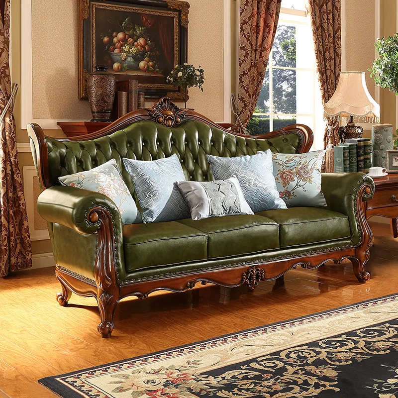 American leather sofa home living room retro first-layer cowhide sofa European solid wood sofa combination hotel B & B