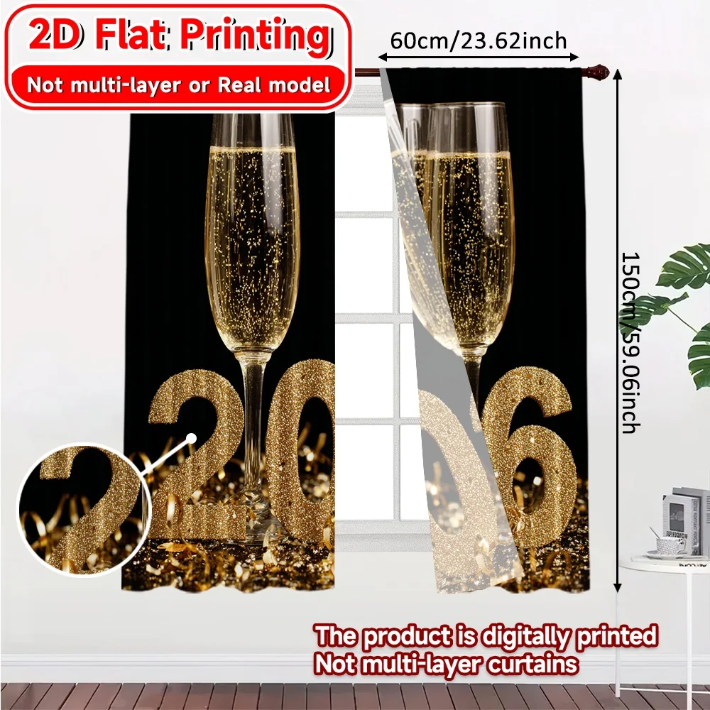 2D Flat Printing,2pcs Golden Celebration(3) Print Modern Curtains Durable 100% Polyester Fabric Curtains Decorations Outdoor