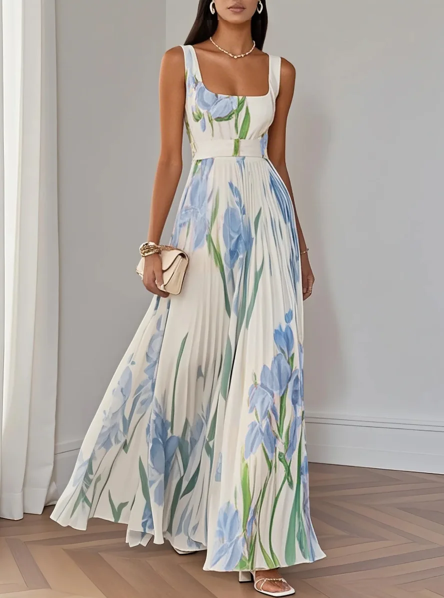 

Elegant Printed Belted Long Fake Dress for Women Square Neck Sleeveless Backless Pleated Party Dress 2025 Summer Floral Robe for