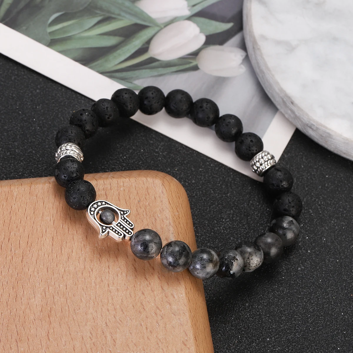 Natural Tiger Eye Lava Beads Chakra Bracelets for Men Women Lucky Turkish Evil Eye Hand Of Fatima Jewelry Bangles Gifts