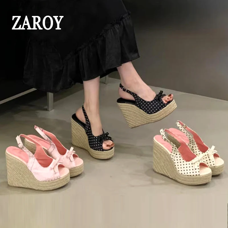 

Женские сандалии на танкетке с платформой, летние, из плетеной ткани, на толстом высоком каблуке, дизайнерские туфли, с милым бантом в горошек, Y2K, для вечеринок, сандалии на танкетке