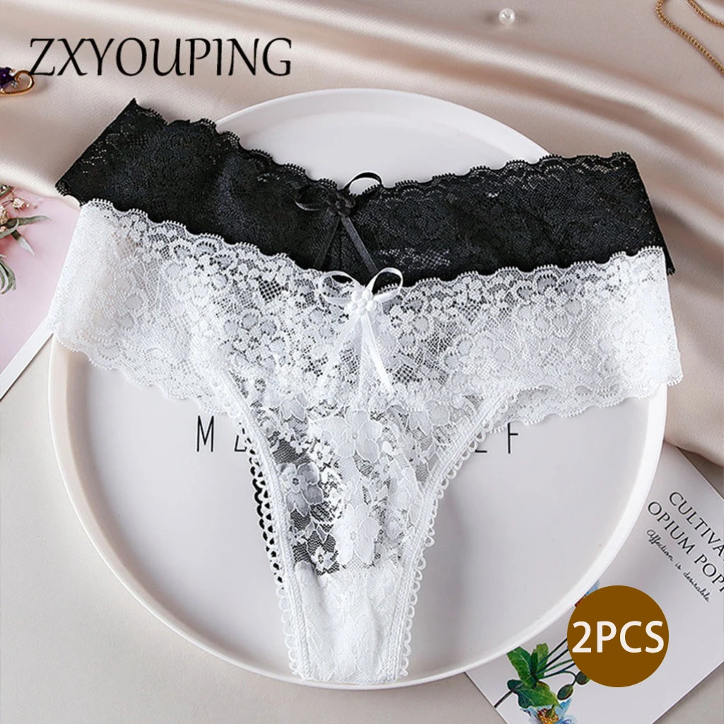 

2PCS Sexy Lace Panties Cotton Crotch Seamless Transparent Low Waist Thongs
