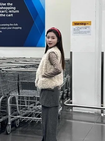 Retro Faionable Lammfell Kapuzenweste Damen Ort Sle Oberbekleidung Oulder Pad Top Trendy Pendeln Sle Single Button Verschluss