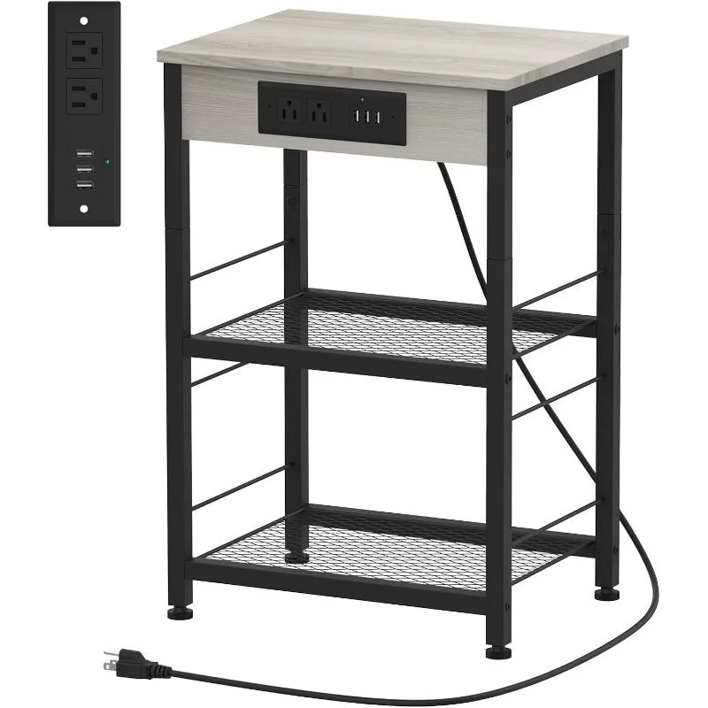 Nightstand with Charging Station Bedroom End Table with USB Ports and Power Outlets 3-Tier Small Side Table with Outlet