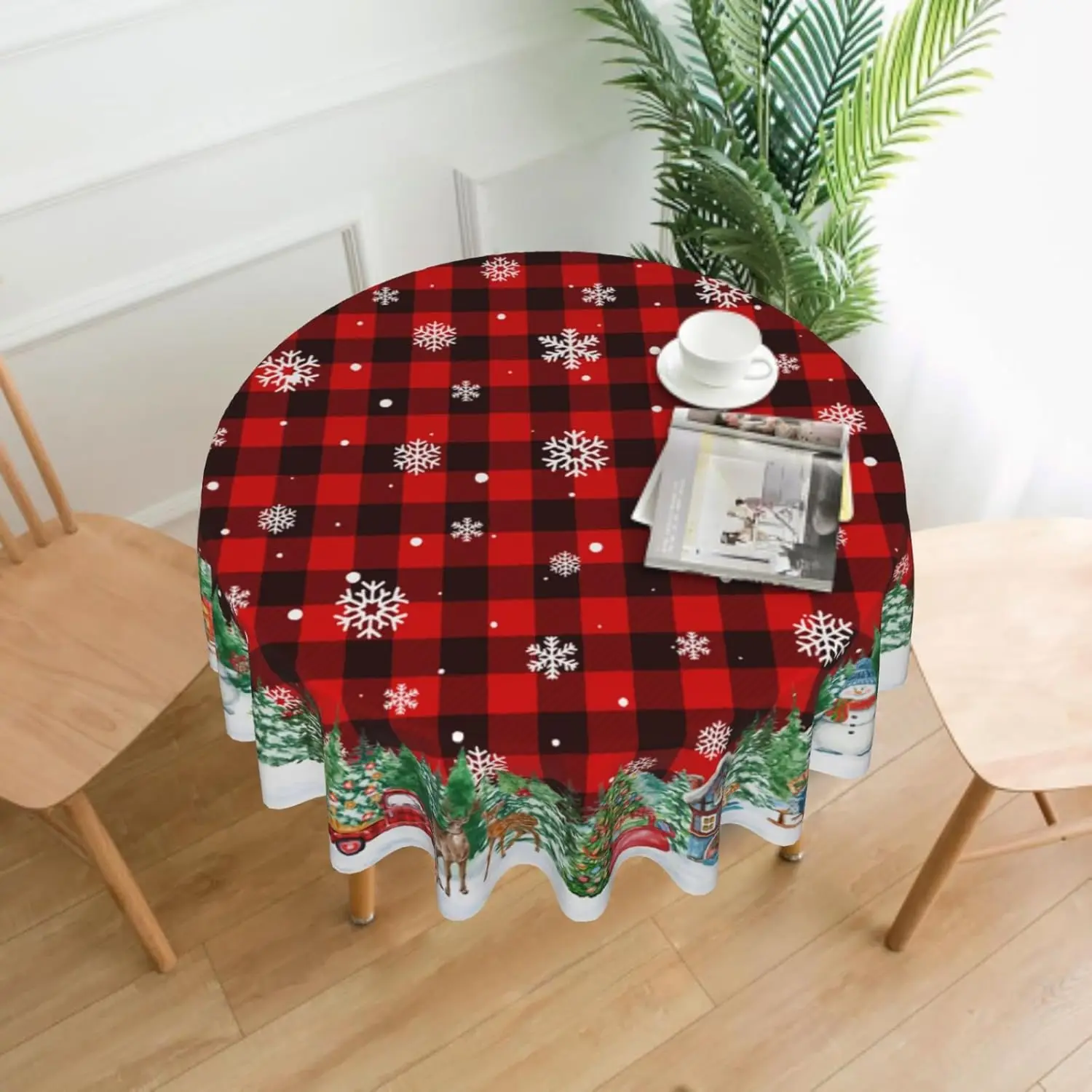 Tablecloth 60 Inch Round Snowman Deer Snowflake Black Red Plaid Table Cloth Water-Resistant Spill-Proof Washable Fabric