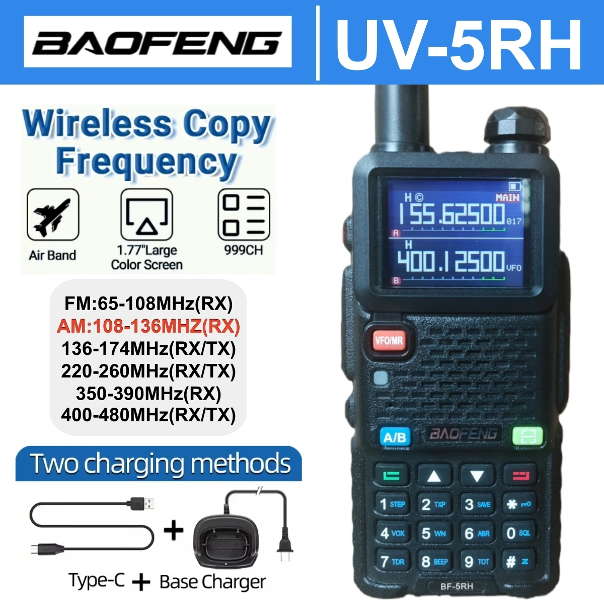 

Baofeng Uv-5Rh 5Rm Long Range Walkie Talkies Wireless Copy Frequency Multi Band Type-C Charger Wireless Set Camping Ham Radio