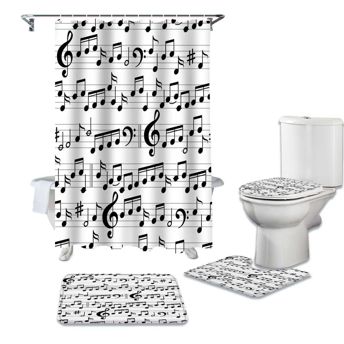 Tab Music Note Black White Waterproof Fabric Bathroom Curtain Shower Curtains Set Anti-skid Rugs Toilet Lid Cover Bath Mat