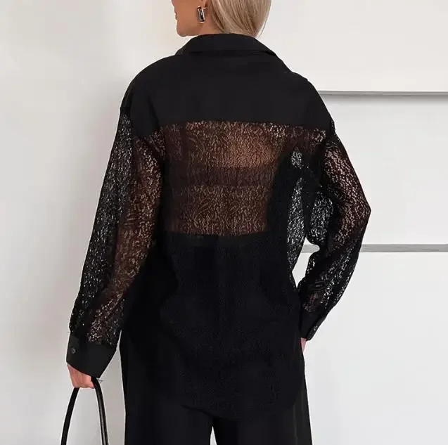 Women's Elegant Sexy Blouses 2026 Spring New Lace Splicing Hollow Back Design with Long Sleeve Collar Commuting Shirt for Women