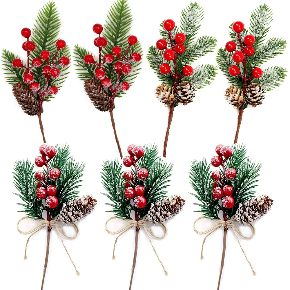 3pcs Christmas Artificial Pine Cone Branch Snowflake Pine Needle Red Berry Branches For Xmas Decoration DIY Noel Wreath Berry