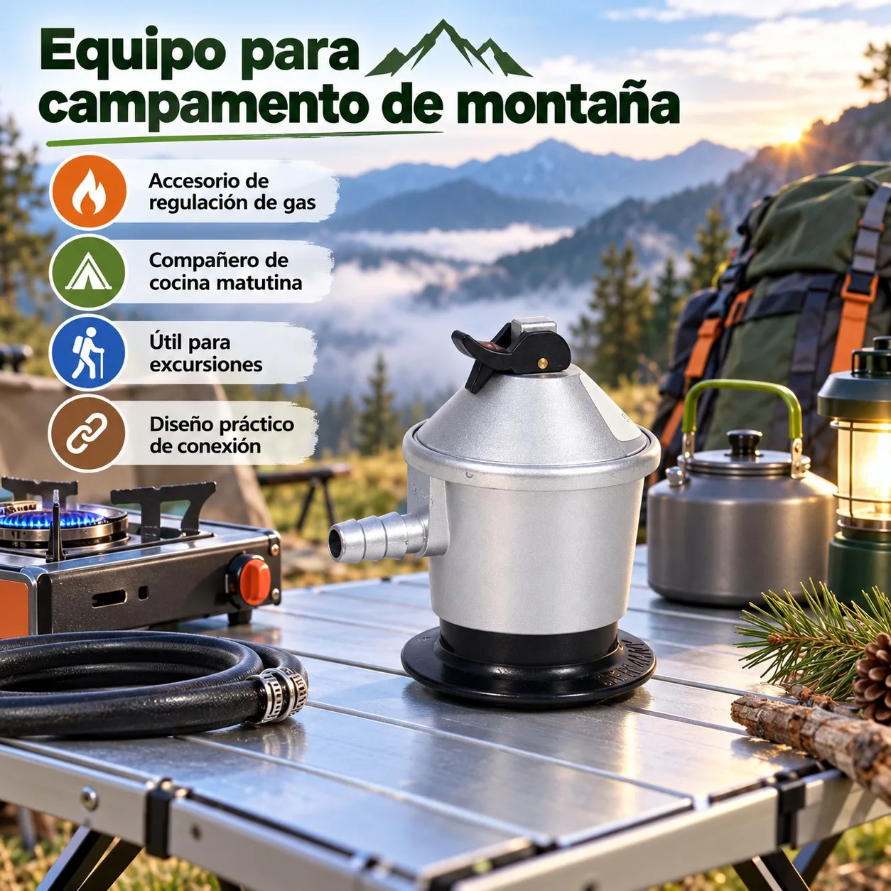 Regulador de Gas Butano de 30 mbar para Camping y Exterior, Cuerpo de Aluminio Resistente, Conector de 10.00 x 7.50 cm para Estufas Portátiles, Barbacoas y Cocinas de Autocaravana