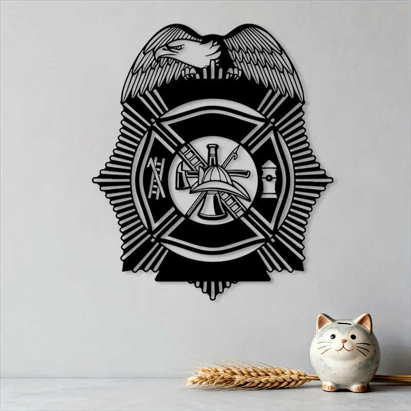 Firefighter Maltese Cross Eagle Emblem Metal Wall Art 2D Flat Laser Cut Black Iron Wall Sculpture