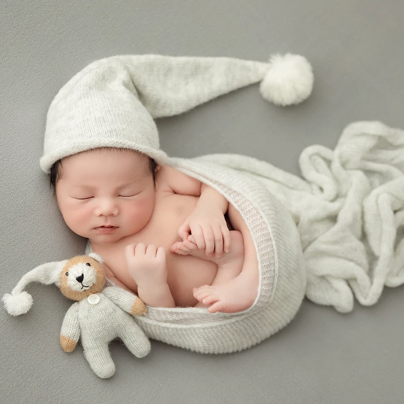 Properti fotografi bayi, topi bola mewah lucu + boneka beruang, mainan anak perempuan dan laki-laki, aksesori pemotretan bayi