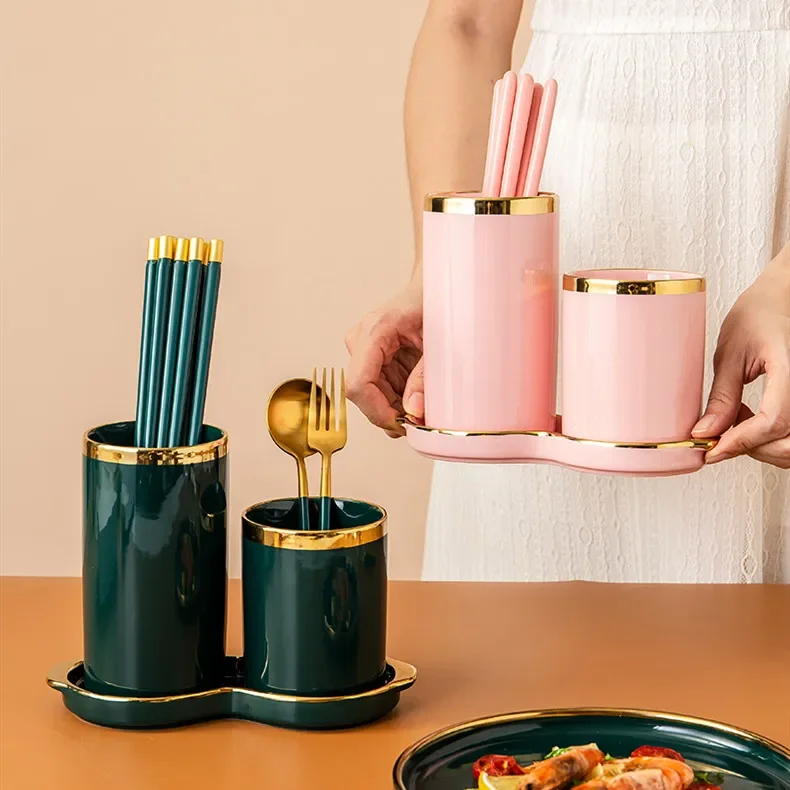 Ceramics Chopstick Holder Two-piece Suit with Base Kitchen Supplies Chopsticks Drain Rack Cutlery Storage Box Chopsticks Basket