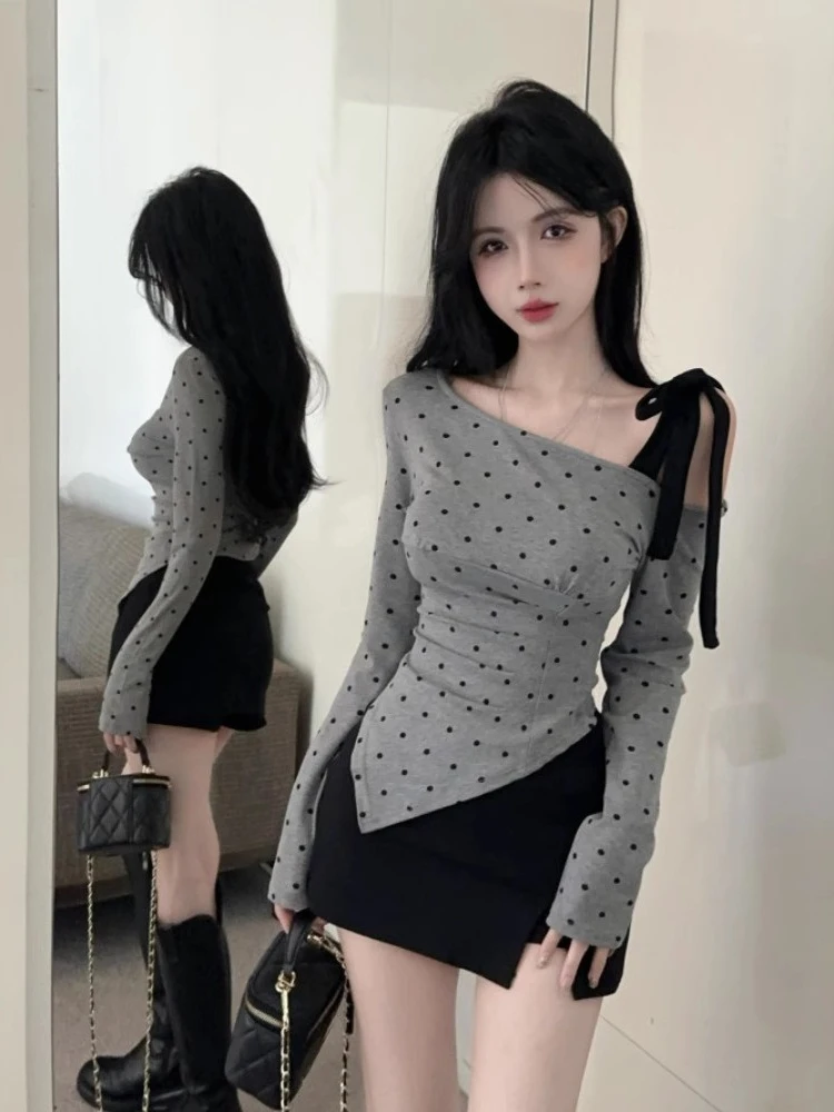 

Y2k Aesthetic Skew Collar Polka Dot Tshirts Harajuku Patchwork Bandage T-shirt Autumn Women Irregular Grunge Sexy Slim Fit Tops