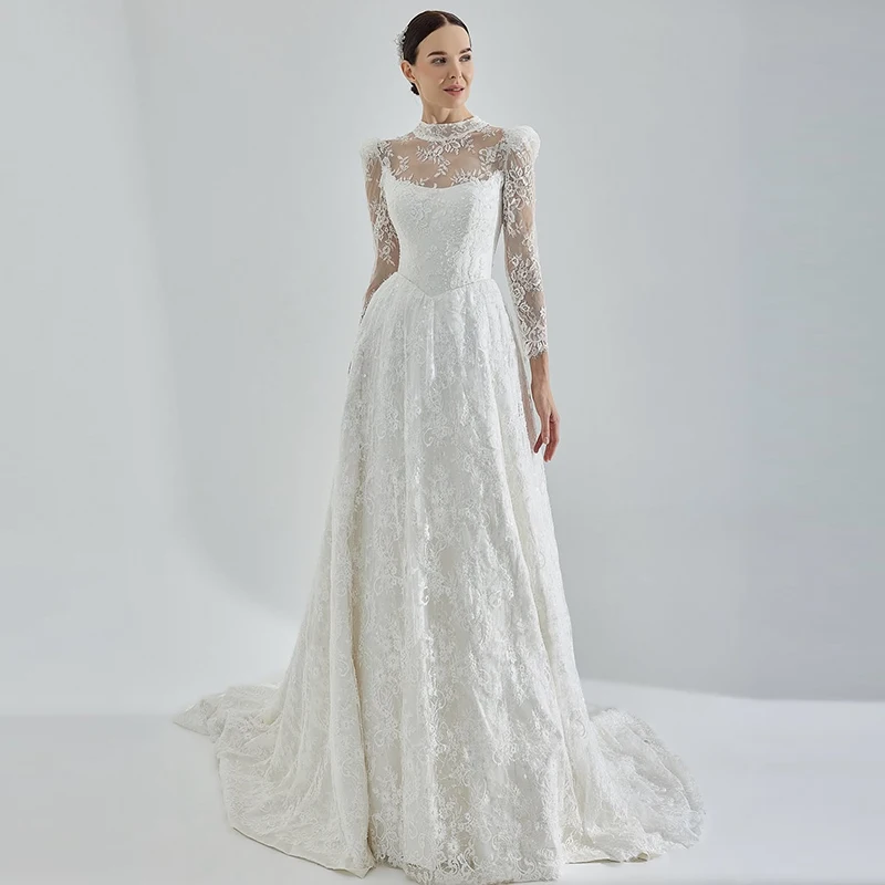 

Graceful Wedding Dress Fully Embroidered Lace A-Line Ball Gown High-Neck Full Sleeve Customized Bride Lace Up Vestido De Novia