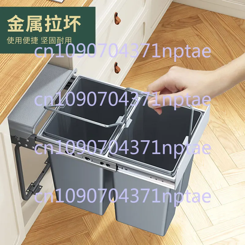 Kitchen Embedded Trash Can, Double Bucket in Cabinet, Household with Lid Pumping Hidden Cleaning Bucket