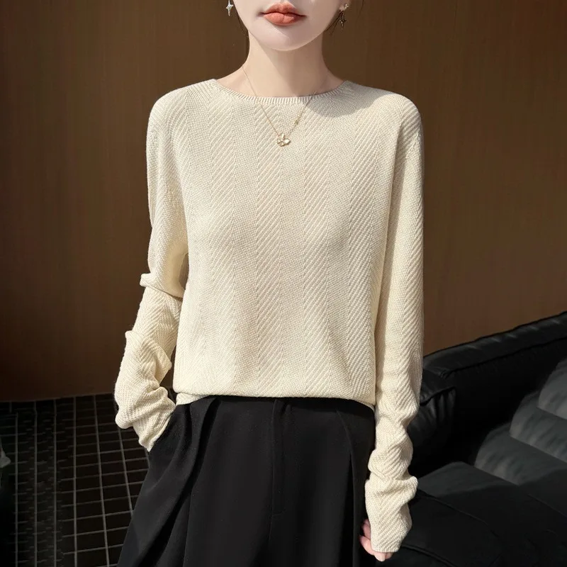 Women French Loose Knit Top Silk Seamless Pullover Simple Versatile Crew Neck Soft Inner Base Sweater