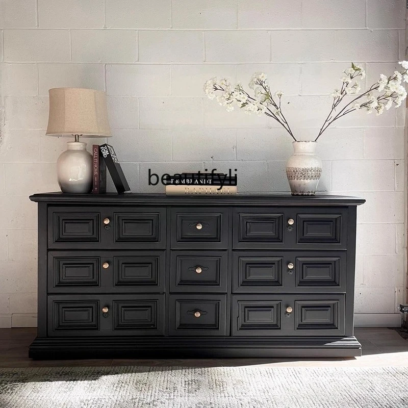 

Solid wood high-end black storage cabinet, retro bedroom drawer cabinet