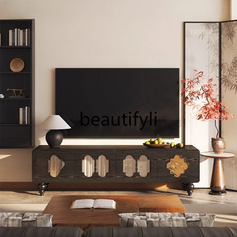 

New Chinese-style solid wood TV cabinet, small apartment living room floor-to-ceiling TV cabinet integrated, free installation