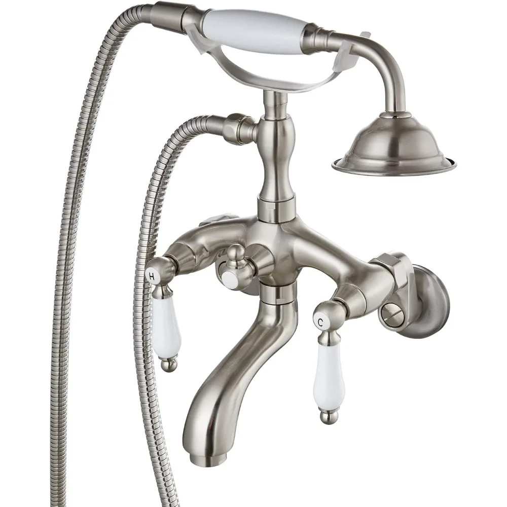 Brushed Nickel Clawfoot Tub Faucet Wall Mount with Hand Held Shower Sprayer Bathtub Faucet Set Double Level Handle 6 Inch Center