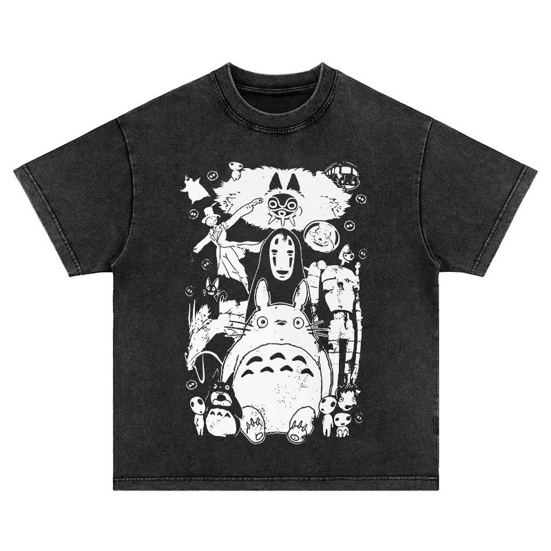 Hayao Miyazaki Animated Printed T-shirt Men's Washed Old Short-sleeved American Retro High Street Pure Cotton Men and Women Tops