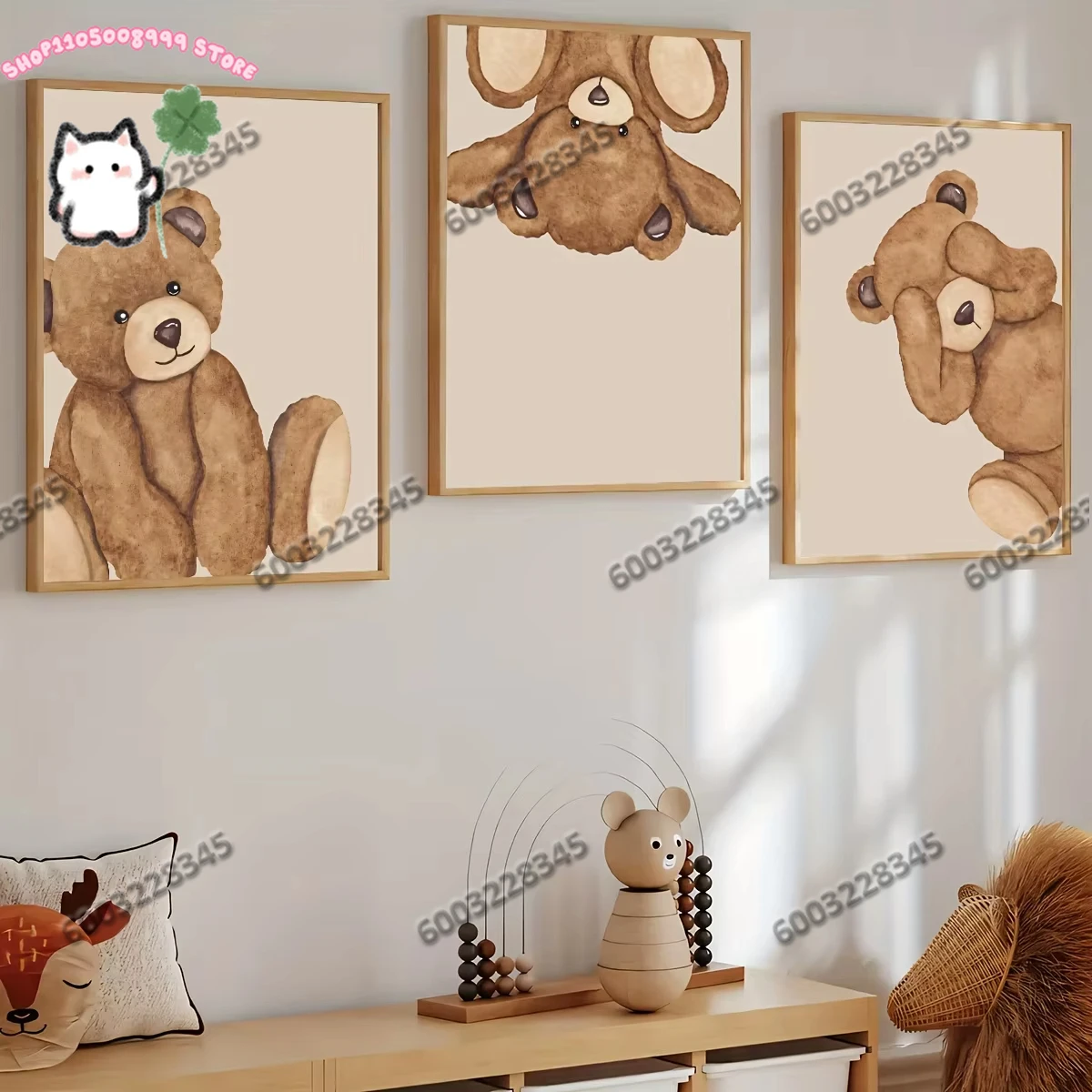 3-teiliger Rahmenloser Leinwanddruck mit Niedlichem Braunem Bären, Cartoon-Tier Abstrakte Kunst für Wohnzimmer-Wanddekoration