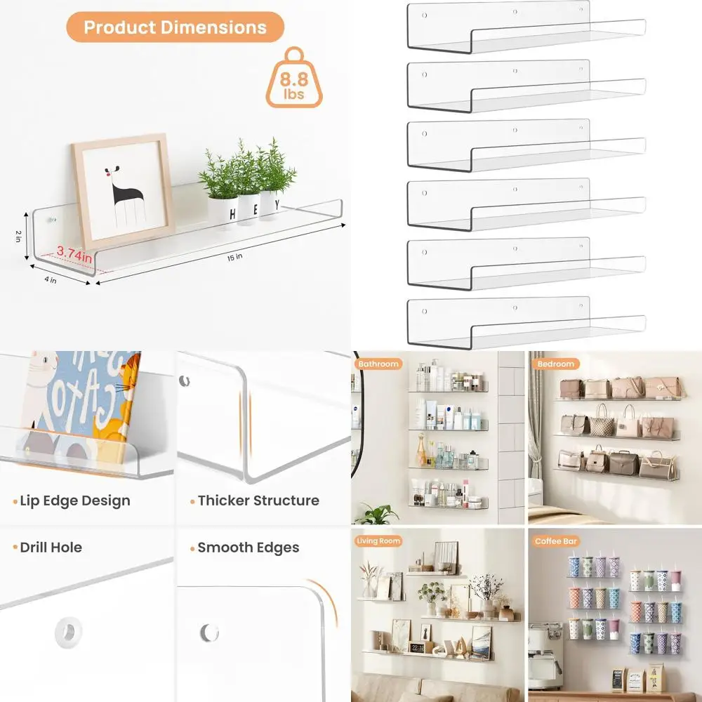 

15 x 4 настенных акриловых полки, 6 шт., для детских комнат, домашнего декора и решения для хранения