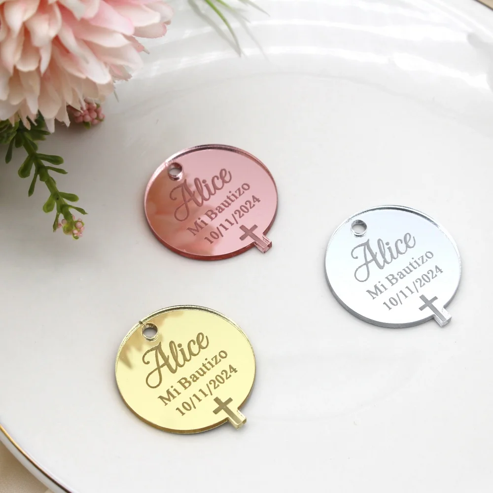 25/50/60/70/100Pcs Personalized Tag Baptism Baby Show Grail Engraved Mirror Acrylic Round Circle Cross Name Decor Custom Gift