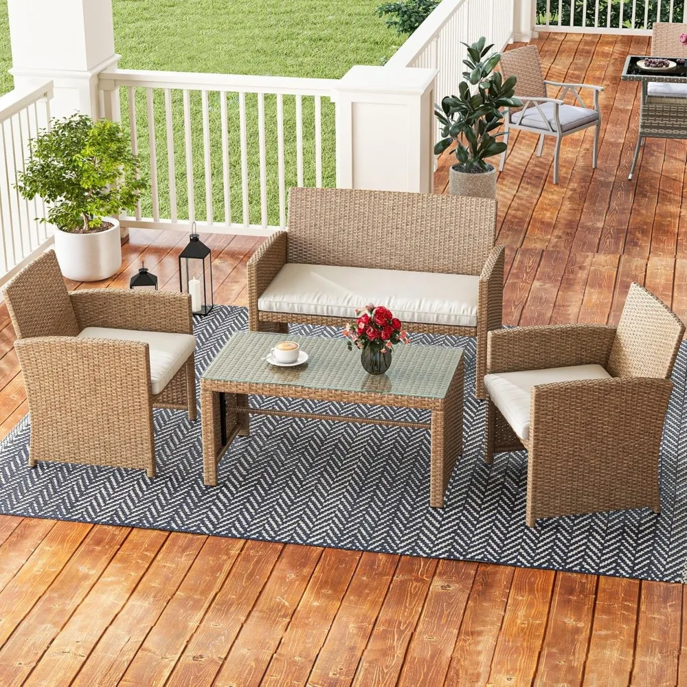 4-Piece Patio Bistro Set, All-Weather Outdoor Patio Furniture Rattan Wicker Loveseat Conversation Set with Glass Side Table Soft