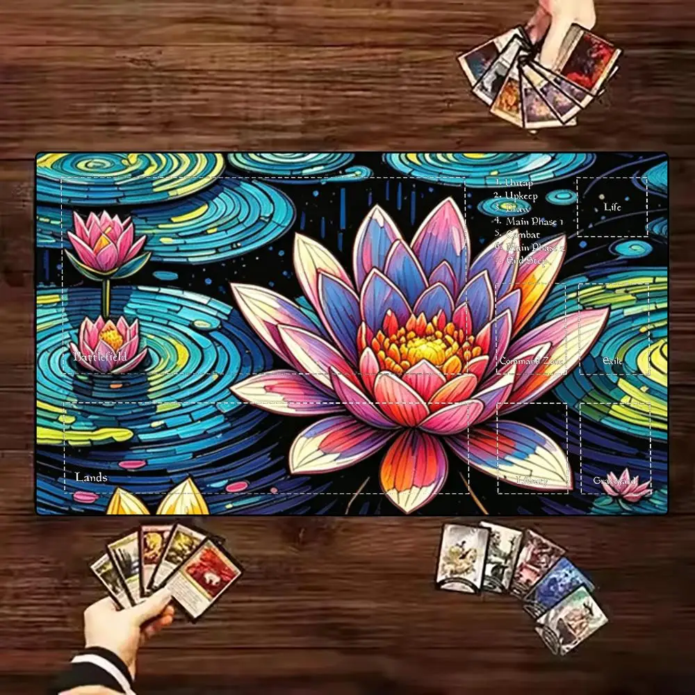 TCG Playmat Trading Card Game Mat Colorful Lotus Pond Full Zoned Layout Battlefield Lands Command Zone Non Slip Rubber MTG Magic