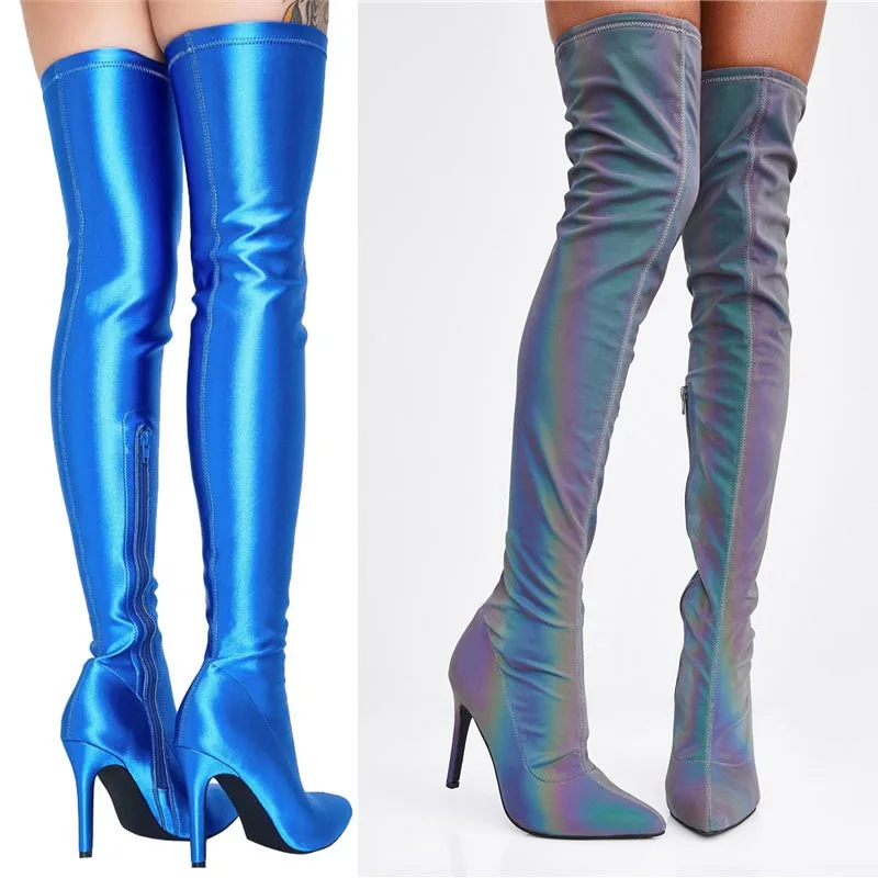 

Europe America Colorful Contrast Pointed Shoes Slim Legs Over Knee Elastic Boots Super High Thin Heels Snake Pattern LargeSize48