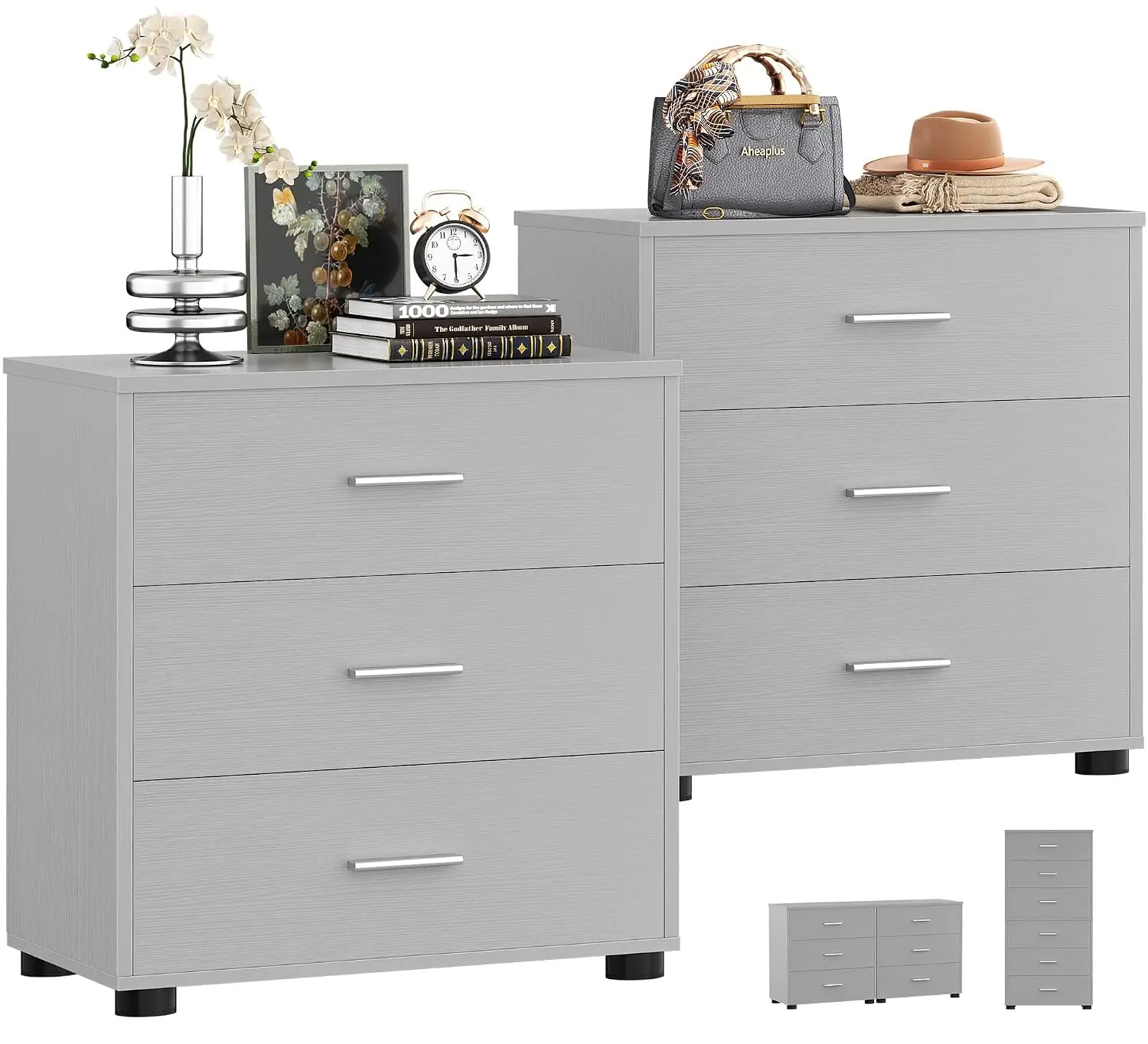 Wood Closet Drawers Set of 2, Stackable Storage Organizer with Fabric Bins, Grey, Customized