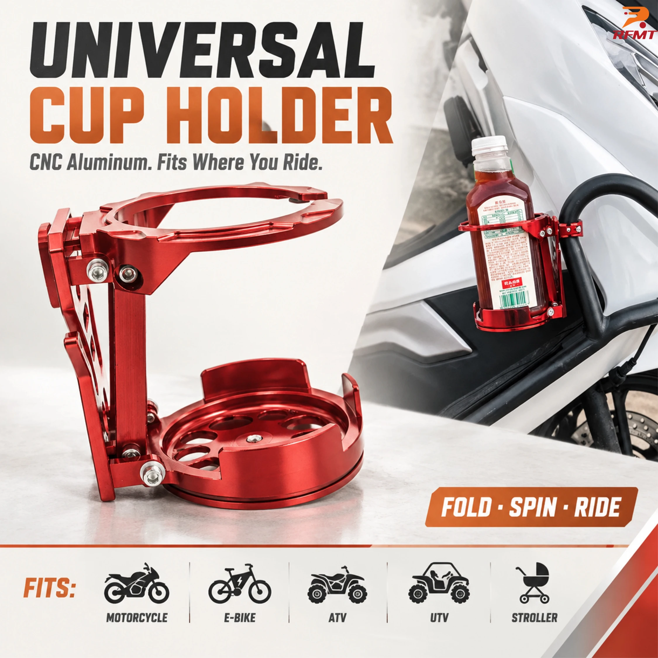 Full Aluminum Alloy Motorcycle Cup Holder Water Bottle Holder, 360° Rotation Handlebar Mount, Anti-Shake Bike Scooter E-Bike