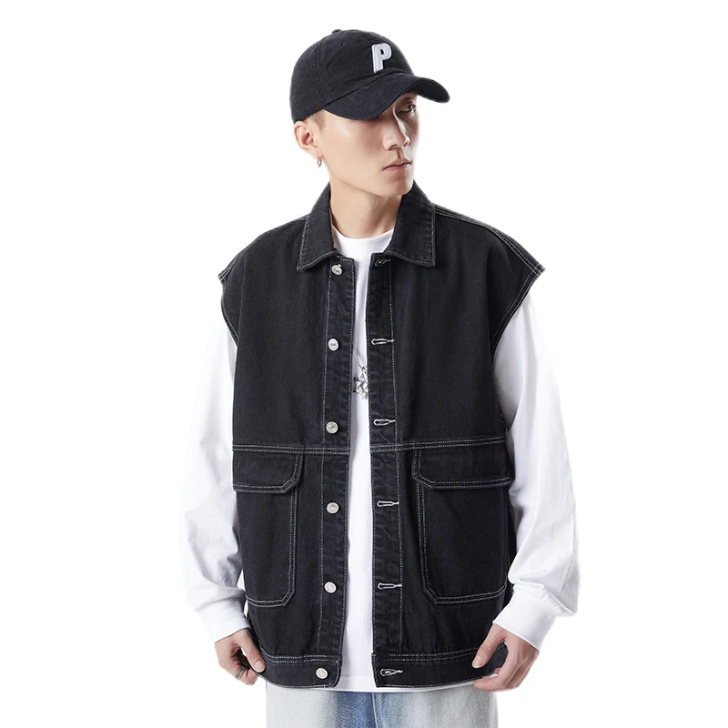 

Мужская японская уличная одежда, модный свободный повседневный винтажный черный джинсовый жилет-карго, джинсовый жилет Cityboy, женское пальто без рукавов