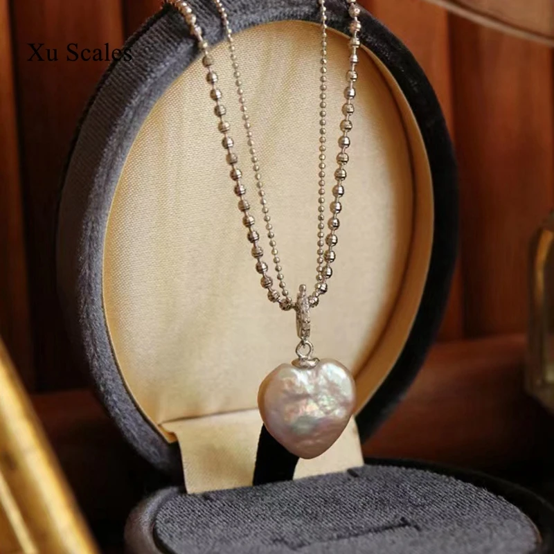 Handmade S925 Sterling Silver Double Chain Natural Fresh Water Baroque Love 15-16mm Pearl Pendant Necklace Romantic Girl Jewelry