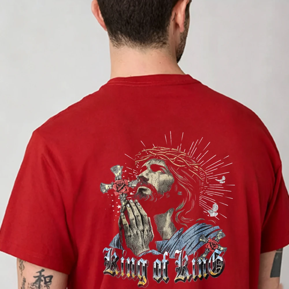 King of Kings Gothic Font Praying Hands Jesus Rose Cross Dove Print Tshirt Red Cotton Crew Neck Loose Religious Faith Unisex Top