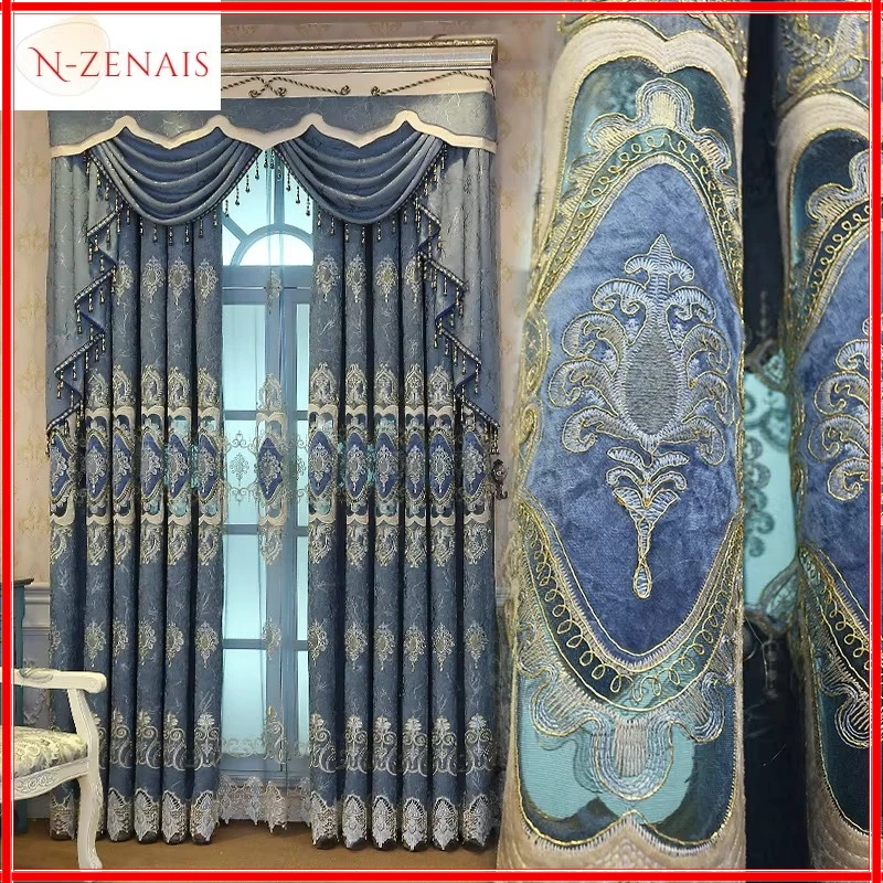 

European Embroidery Blackout Rustic Chenille Luxury Curtains for Living Room Bedroom Dining Custom Size Retro Grace Decor Tulle