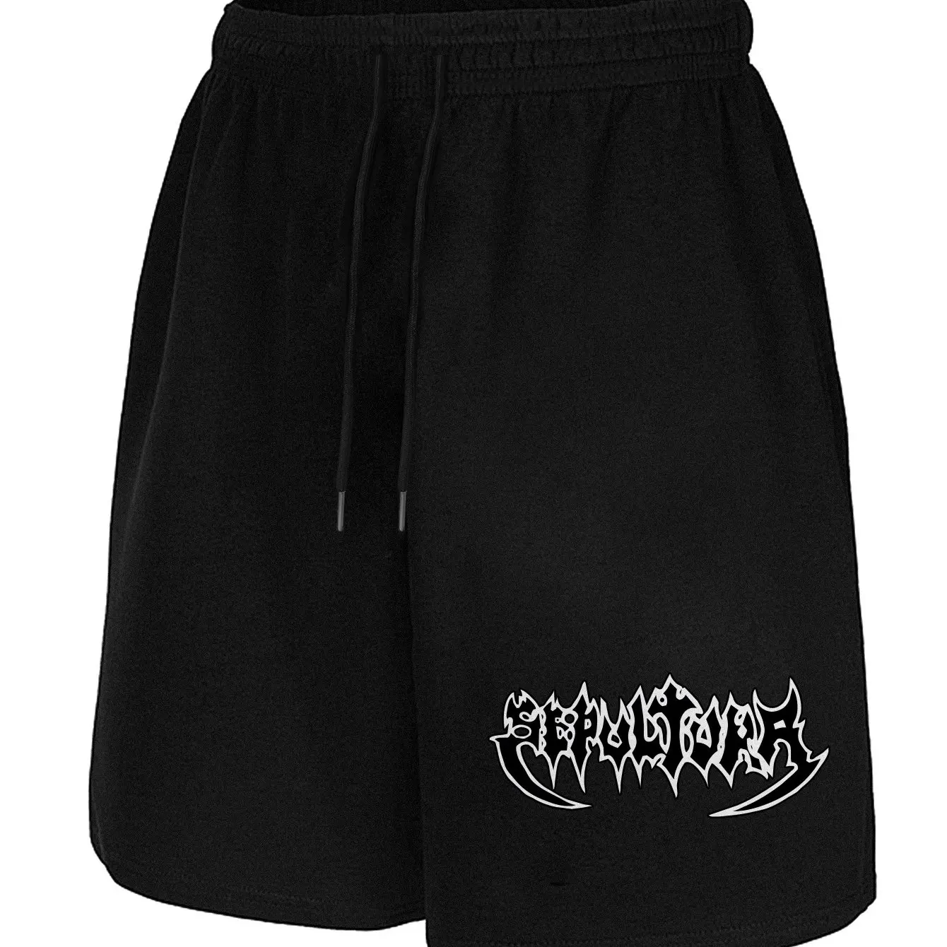 

Мужские шорты с графическим принтом Sepultura Heavy Metal Band - черные с белым буквенным принтом, на шнурке на талии, с карманами, повседневные, летние