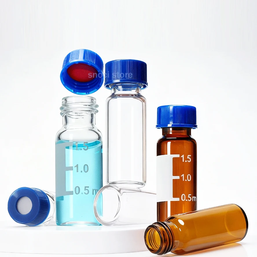 1.5ML 2ML Autosampler Vials HPLC/GC Vials 9-425 Clear/Amber Vials Blue Screw Caps PTFE Silicone Septa Chromatography Experiment