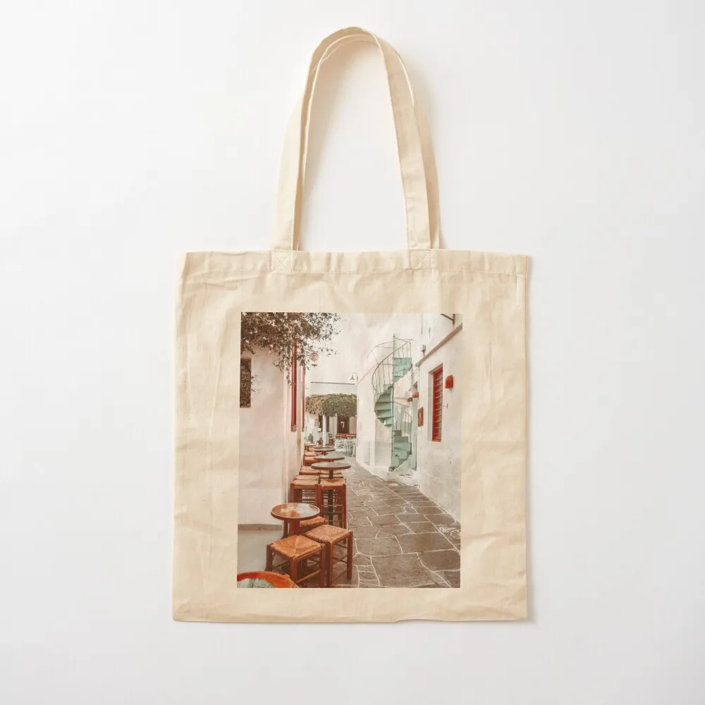 Sifnos Island Street view in Greece with Traditional Bars and Houses Tote Bag tote bags aesthetic Fabric bag Canvas Tote Bag