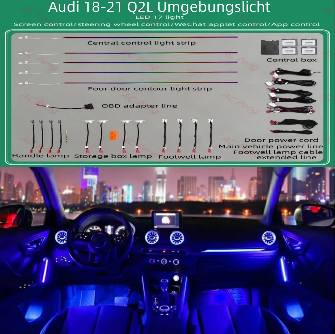 For Audi Q2L 2019-2021 Nozzle illuminated Strip Ambient Light 32 Colors Set Decorative Air outlet LED Handle Atmosphere Lamp