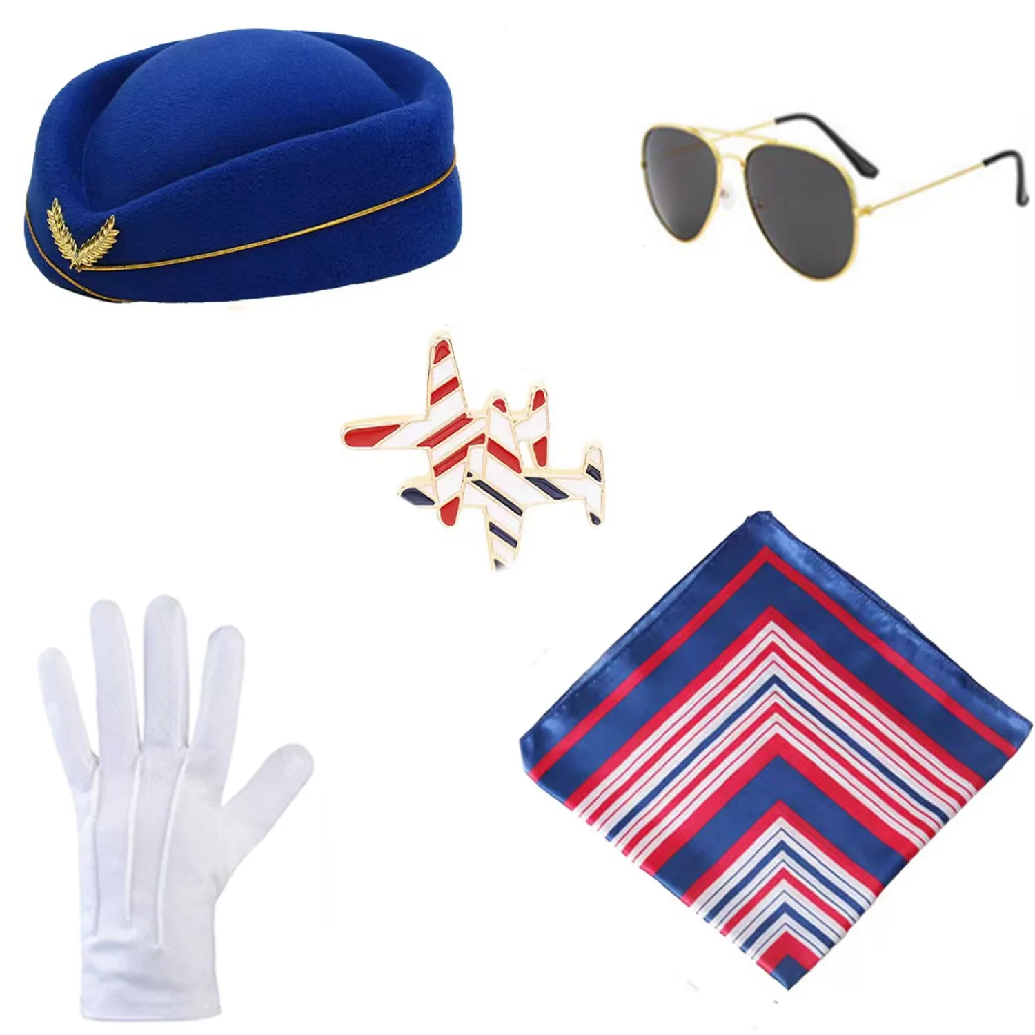 ชุดเครื่องประดับสำหรับพนักงานต้อนรับบนเครื่องบินสุดหรู - ชุดแต่งกายสไตล์สายการบินพร้อมหมวก ผ้าพันคอ เข็มกลัด และถุงมือ